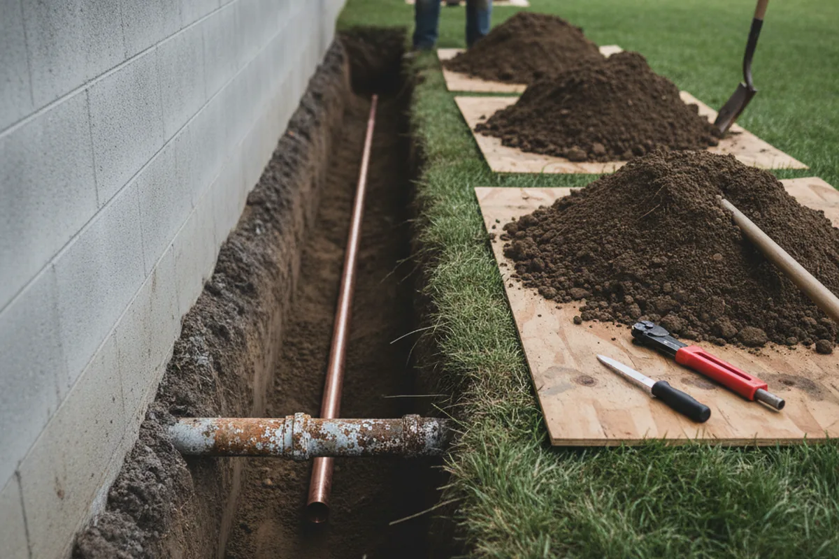Excavated water line trench during Water Softener Installation in Guy
